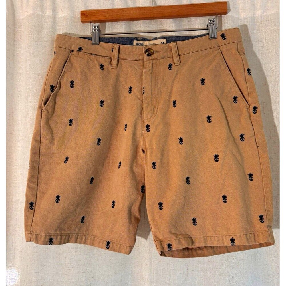VANS Y2K Skater Surfer Beige Cotton Khaki Chino Shorts Pineapple Skull, Size 34W